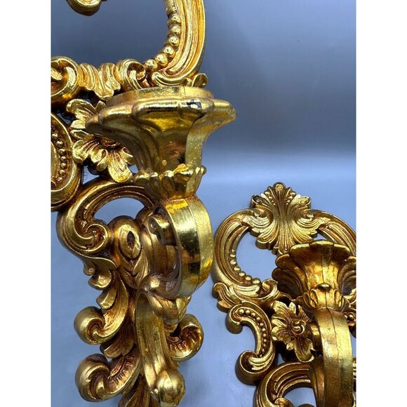 Vintage Gold Hollywood Regency Ornate Wall Candle Sconces Set - Picture 3 of 6
